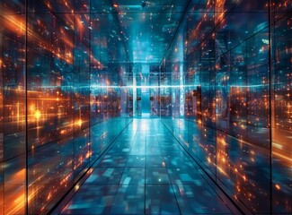 Fototapeta premium Futuristic Technology Cityscape with Glowing Lights and Reflections