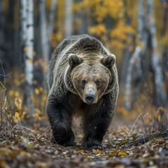 Fototapeta premium Close up of a large male grizzly bear walking through the woods