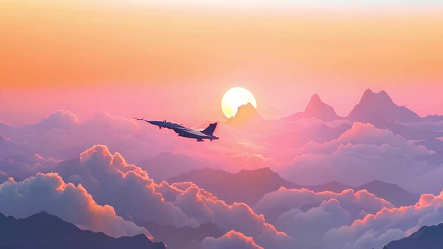 Minimalist air force scene, paper cutout style, sunrise background