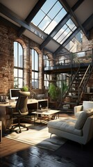Modern industrial style home office with brick walls, large windows and a mezzanine
