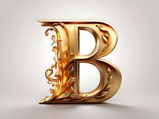 The letter B in gold color, with flames of fire, made of gold, in three dimensions, smooth and...