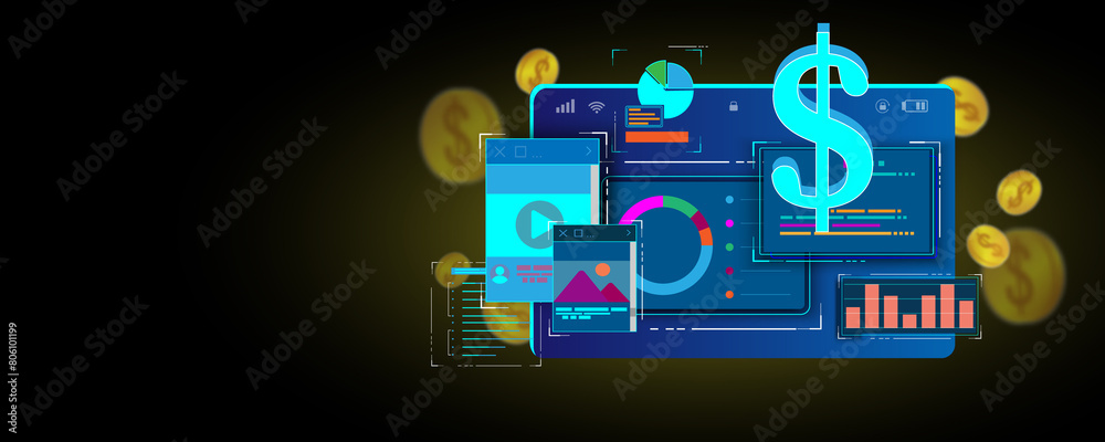 Canvas Prints laptop technology background image, financial investment data graph concept