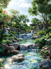 Naklejka premium Waterfall in a Rocky Landscape