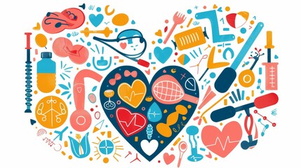 Fitness and health poster featuring a heart with different sports equipment integrated into the design, motivational and bright