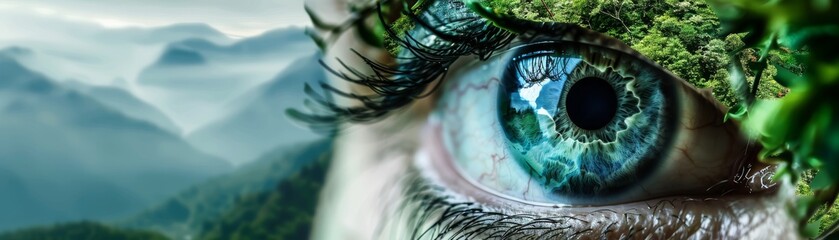 Environmental awareness poster with an eye composed of Earth s natural landscapes, promoting vision for a greener future