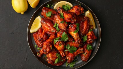 Overhead view of a serving platter filled with classic spicy Buffalo wings garnished with lemon wedges and parsley hyper realistic 