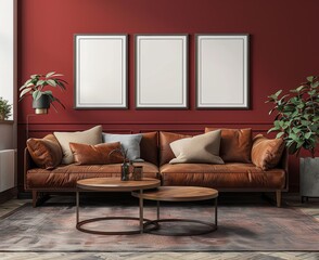 Photo of a modern interior design, featuring three empty poster frames on the wall above a sofa with dark maroon walls, brown leather accents and a coffee table