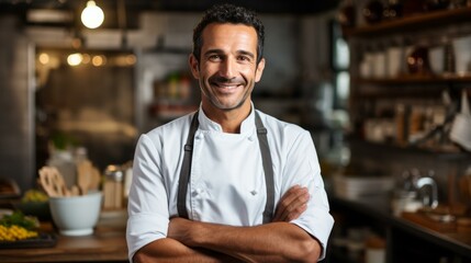 Portrait of a male chef smiling in a commercial kitchen