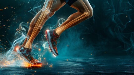 Dynamic sports poster depicting an athletes leg with visible tendons working, motivational for training facilities and sports therapists