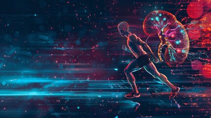 Dynamic sports health poster illustrating the role of kidneys in electrolyte balance and endurance, motivational for athletes and trainers