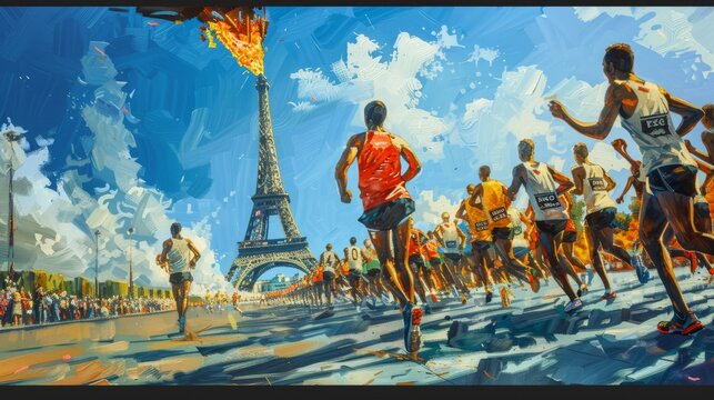 Paris olympics games France 2024 ceremony running sports Eiffel tower summer artwork painting commencement torch hyper realistic 
