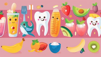 Dynamic poster depicting the impact of different foods on teeth health, with colorful visuals, ideal for schools or pediatric dental clinics