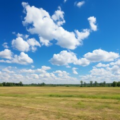 Fototapeta premium Green field and blue sky with white clouds