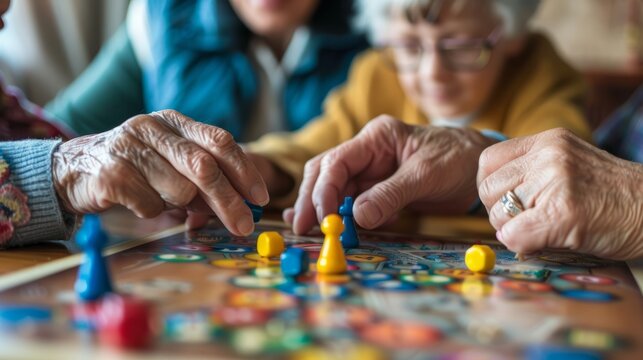 Photo of a family playing a board game, with a close-up on the elderly hands moving a game piece, illustrating the joy of shared activities hyper realistic 