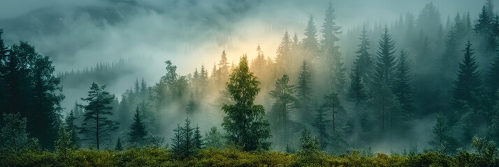 Fototapeta premium mist in the forest, green misty forest trees with fog, nature background, misty morning in the forest, 