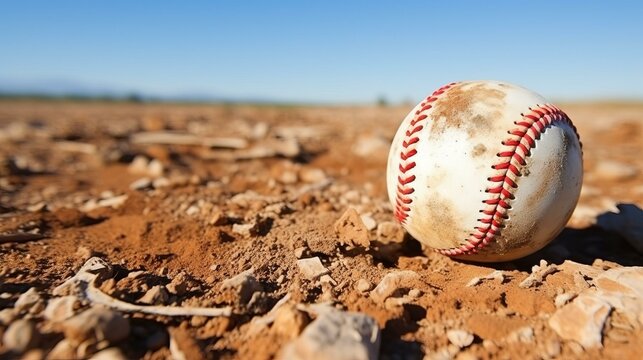 Close up of a baseball on a dry, rocky field with a blue sky in the background