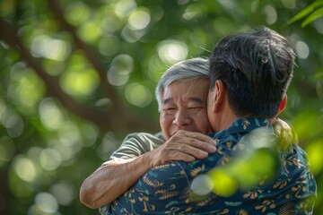 Senior Asian Father With Adult grown Son hugging outdoors