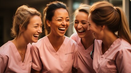 Four happy nurses laughing together