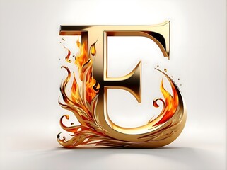 The letter E in gold color, with flames of fire, made of gold, in three dimensions, smooth and clean white background.