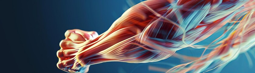 Artistic representation of tendons as elastic bands in dynamic motion, illustrating strength and flexibility, ideal for a fitness center - obrazy, fototapety, plakaty