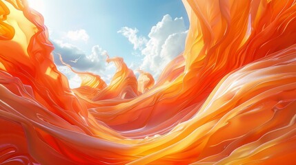 Surreal landscape with orange flowing waves and a cloudy sky