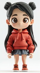 Cute 3D Girl with Black Hair Wearing a Red Hoodie and Gray Skirt