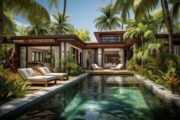 Fototapeta premium Private pool villa with lush tropical garden