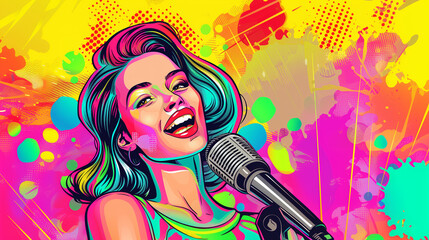Pop art style woman singer with retro microphone, pop art comic karaoke poster 