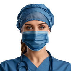 A female doctor wearing a blue surgical mask and a stethoscope around her neck, isolated on transparent background, PNG format