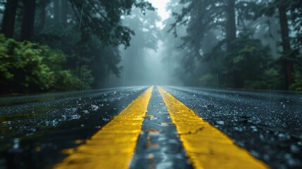 Yellow lines on an asphalt road in the rain