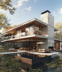 Fototapeta premium Modern House With Pool And Fireplace