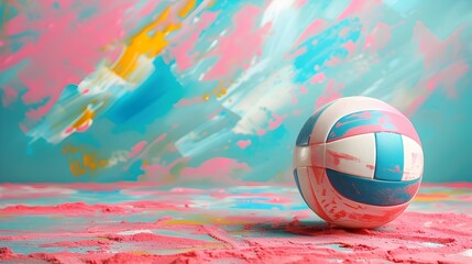 Vibrant Volleyball Beach Scene with Pastel Tones and Abstract Composition