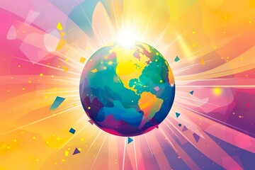 Earth Globe with Sun Rays and Geometric Shapes on Gradient Background