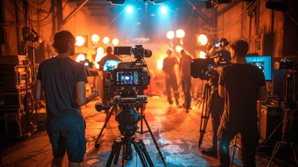 A group of people filming a scene in a studio