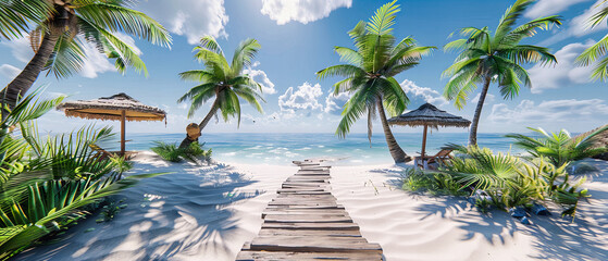 Peaceful Wooden Pier Extending into a Crystal Clear Turquoise Sea, Iconic View of a Tropical Paradise