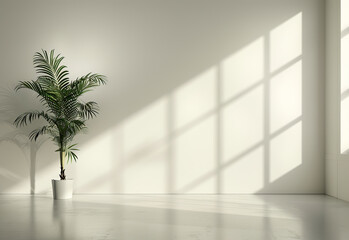 A scene of a potted palm plant positioned against a plain wall, natural light casting intricate shadows, vase in a white room, bright daylight indoor photo, minimalist environment