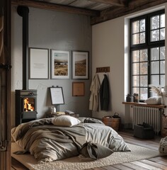 modern bedroom with a black wood stove, bed and hangers on a rack, mock up poster frames on the wall, a cozy interior design, window light