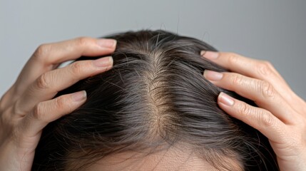 Fototapeta premium Hair loss concept. Close up of hands holding and running fingers through hair, highlighting signs like thinning or sparse bald spots on top of the head in patterned hair loss on white background.