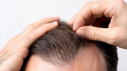 Fototapeta premium Hair loss concept. Close up of hands holding and running fingers through hair, highlighting signs like thinning or sparse bald spots on top of the head in patterned hair loss on white background.