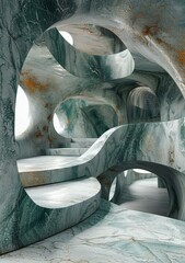 Abstract organic architecture interior with green marble walls and golden accents