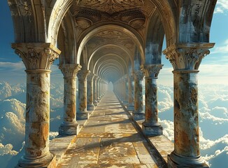 Surreal Long Ancient Greek Temple Corridor in The Sky