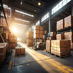 A large warehouse with many boxes and a forklift