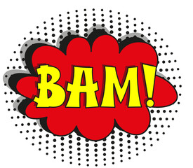 Comic lettering bam. Vector bright cartoon illustration in retro pop art style. Comic text sound effects. EPS 10.
