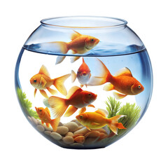 A group of goldfish in a fishbowl with pebbles and plants