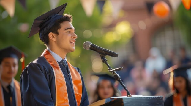 Valedictorian young student man giving graduation speech to other graduated people from the year group while wearing traditional college regalia and gown hyper realistic 