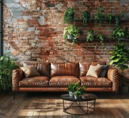 Realistic rendering of an old brick wall in the interior, behind it is a brown leather sofa and black metal coffee table with green plants on top. The floor has wooden parquet