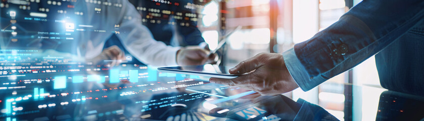 Entrepreneurs and investors in a collaborative workspace, strategizing over digital tablets and documents to adapt to global economic shifts