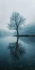 Tree in the middle of a lake with fog in the background