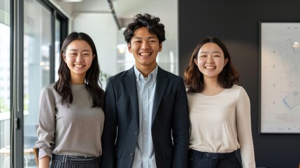 Obraz premium Successful Asian young office workers team smiling and standing together in Startup office.