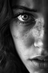 Obraz premium The intense focus and determination etched into a woman's features as she confronts a challenging situation, her resolve palpable.